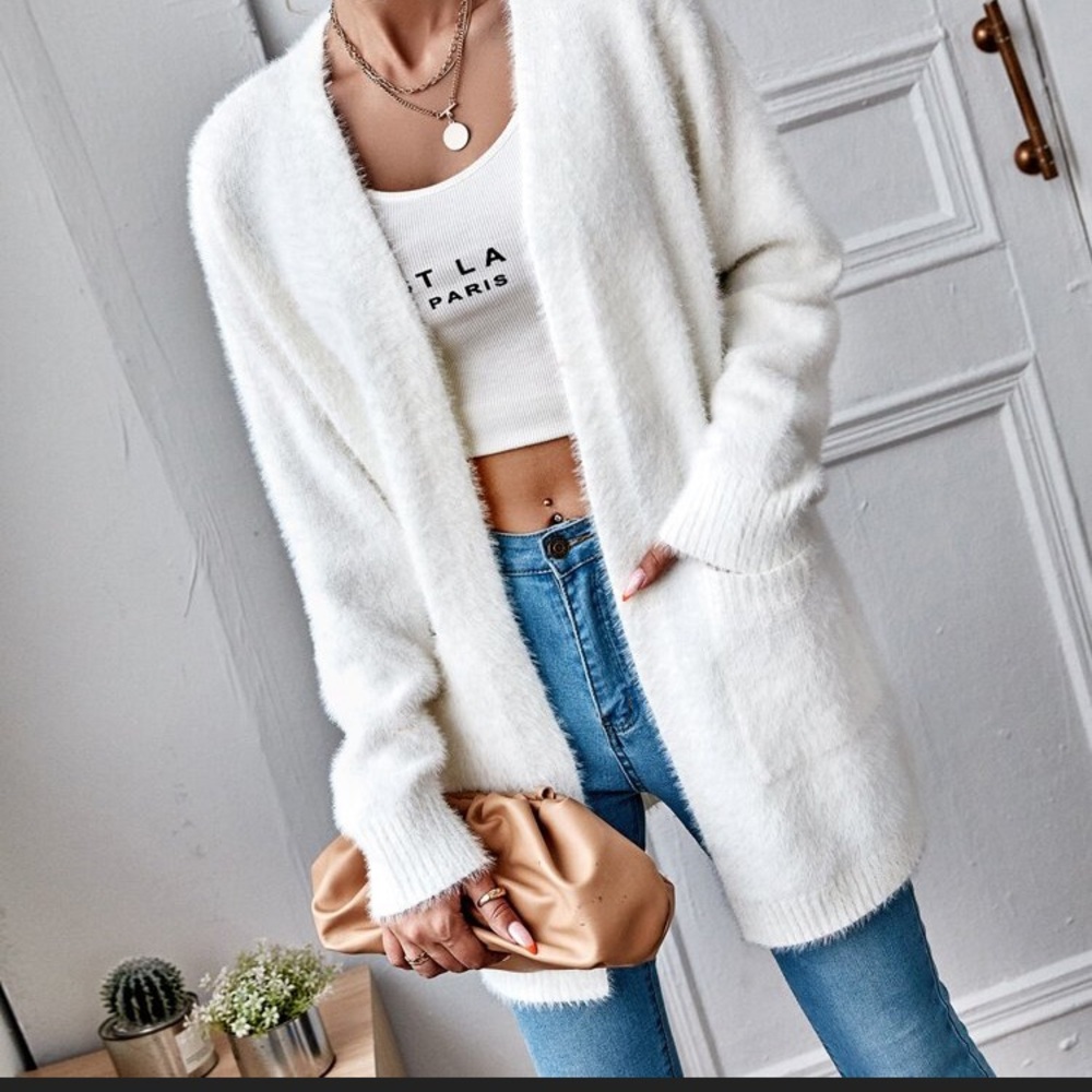 White fuzzy cardigan